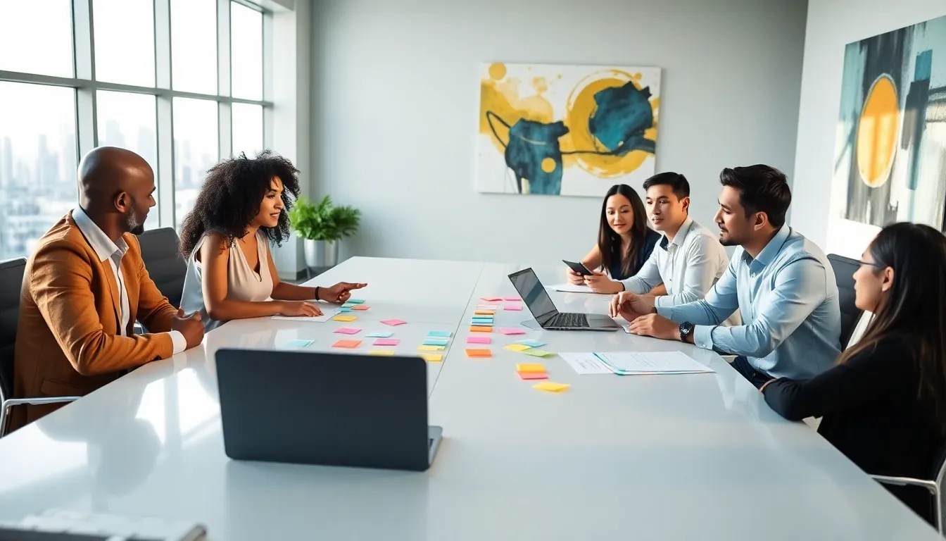 diverse professionals brainstorming in a modern office.