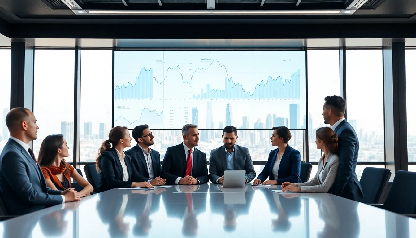 professionals analyzing economic trends in a modern conference room.