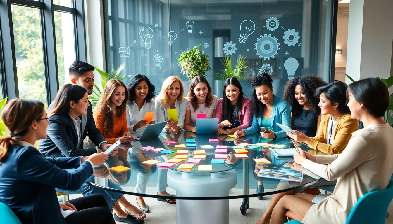 diverse professionals brainstorming in a modern office space.