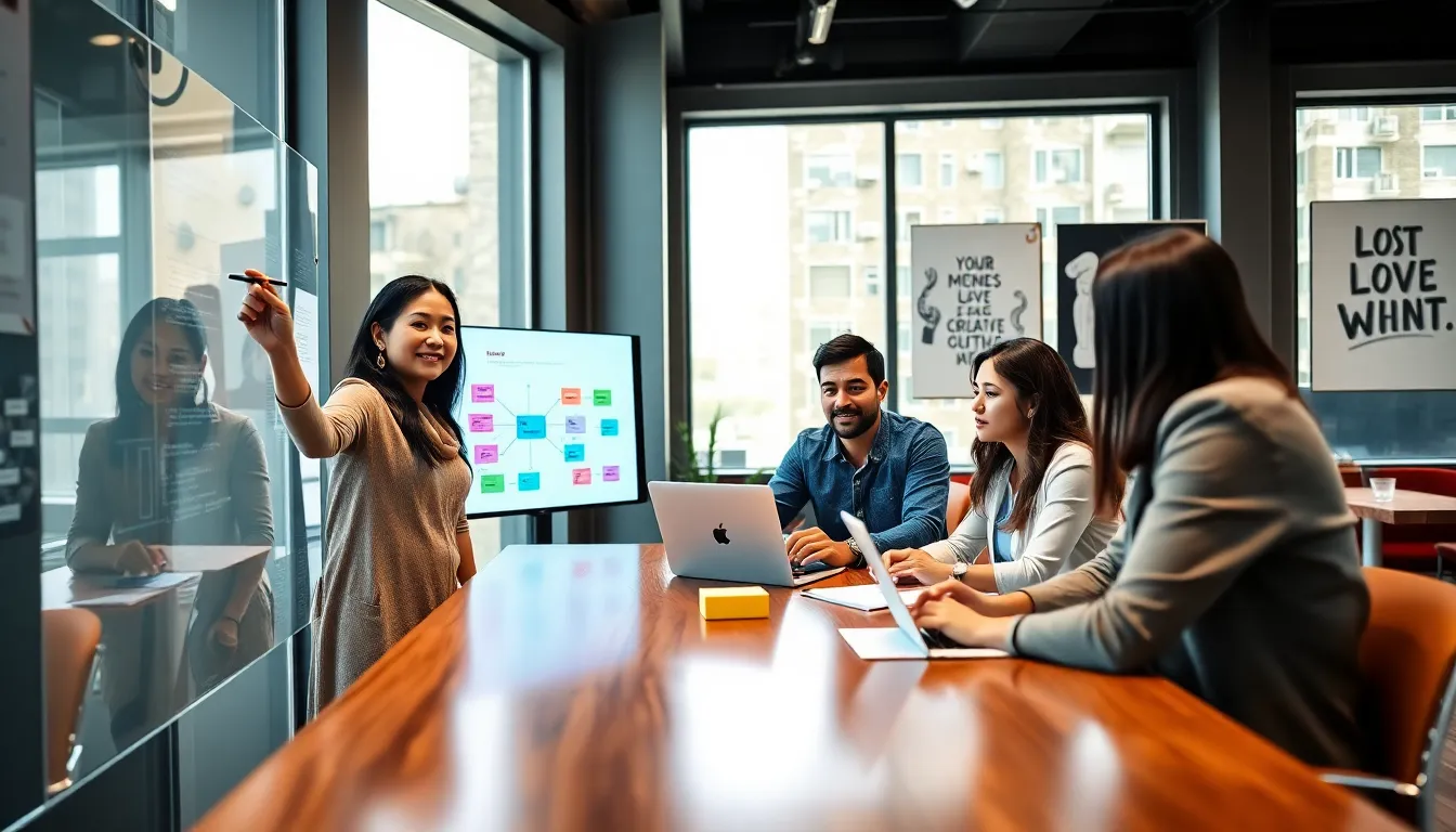 diverse team brainstorming in a modern office setting.