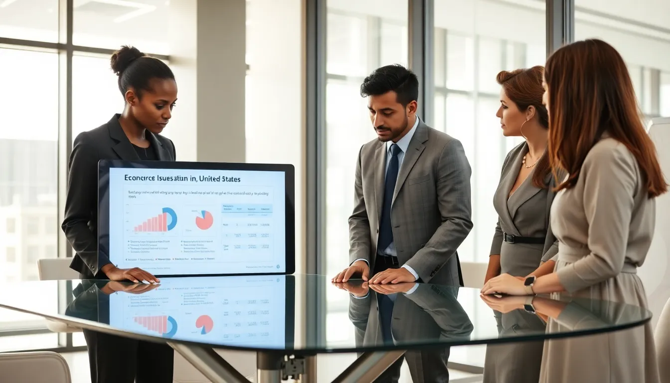 diverse professionals discussing economic issues in a modern office.