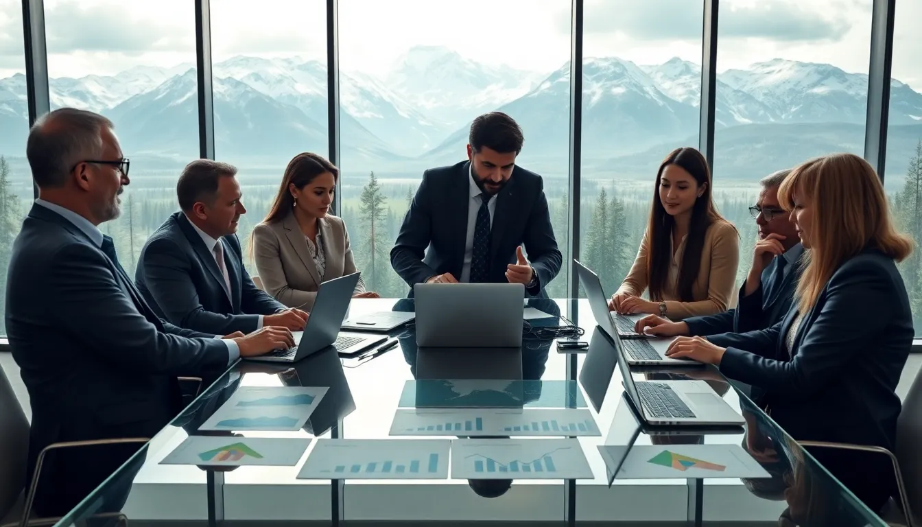 diverse team discussing Alaska's economy in a modern conference room.
