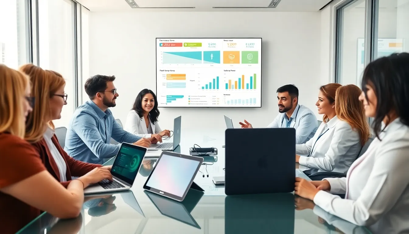 diverse healthcare economists discussing payment trends in a modern office.