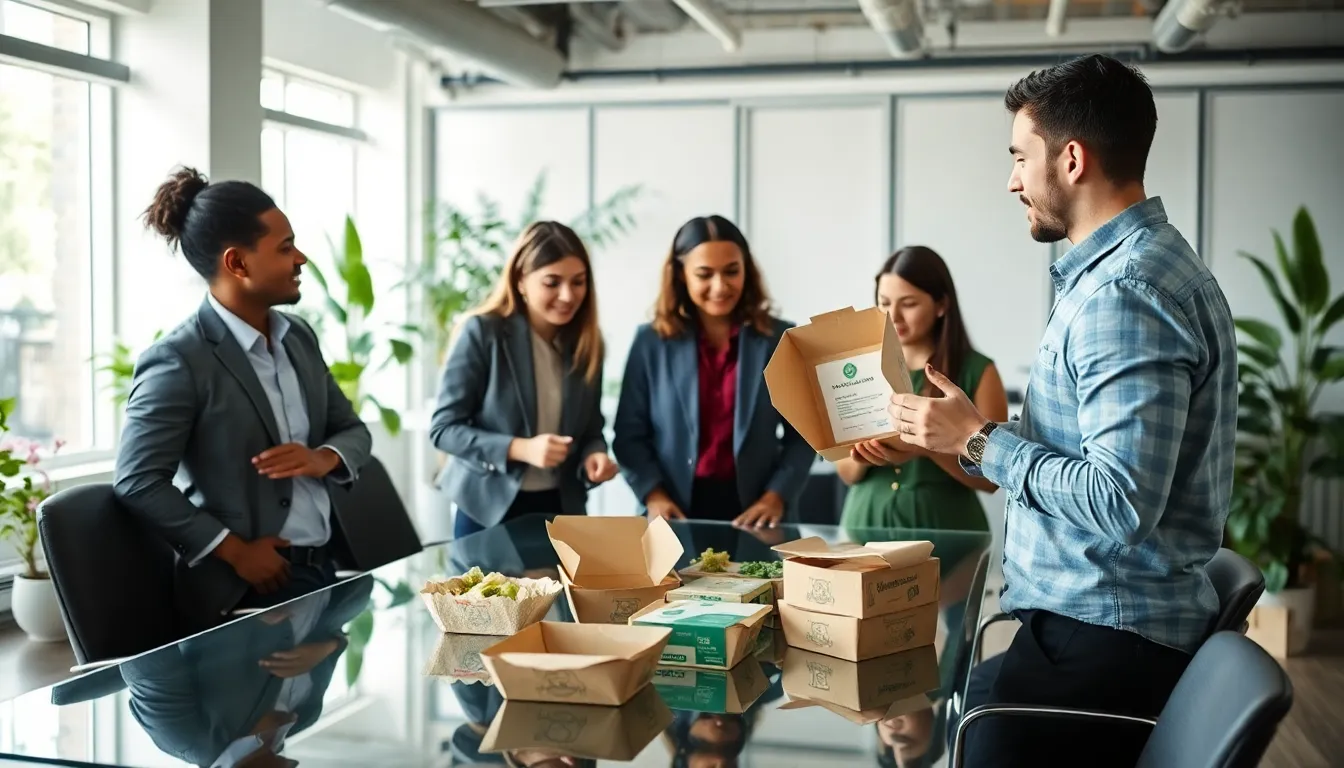 professionals discussing sustainable food packaging solutions in a modern office.