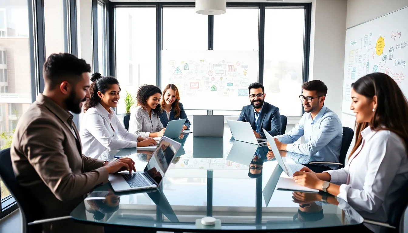 diverse team brainstorming in a modern office setting.