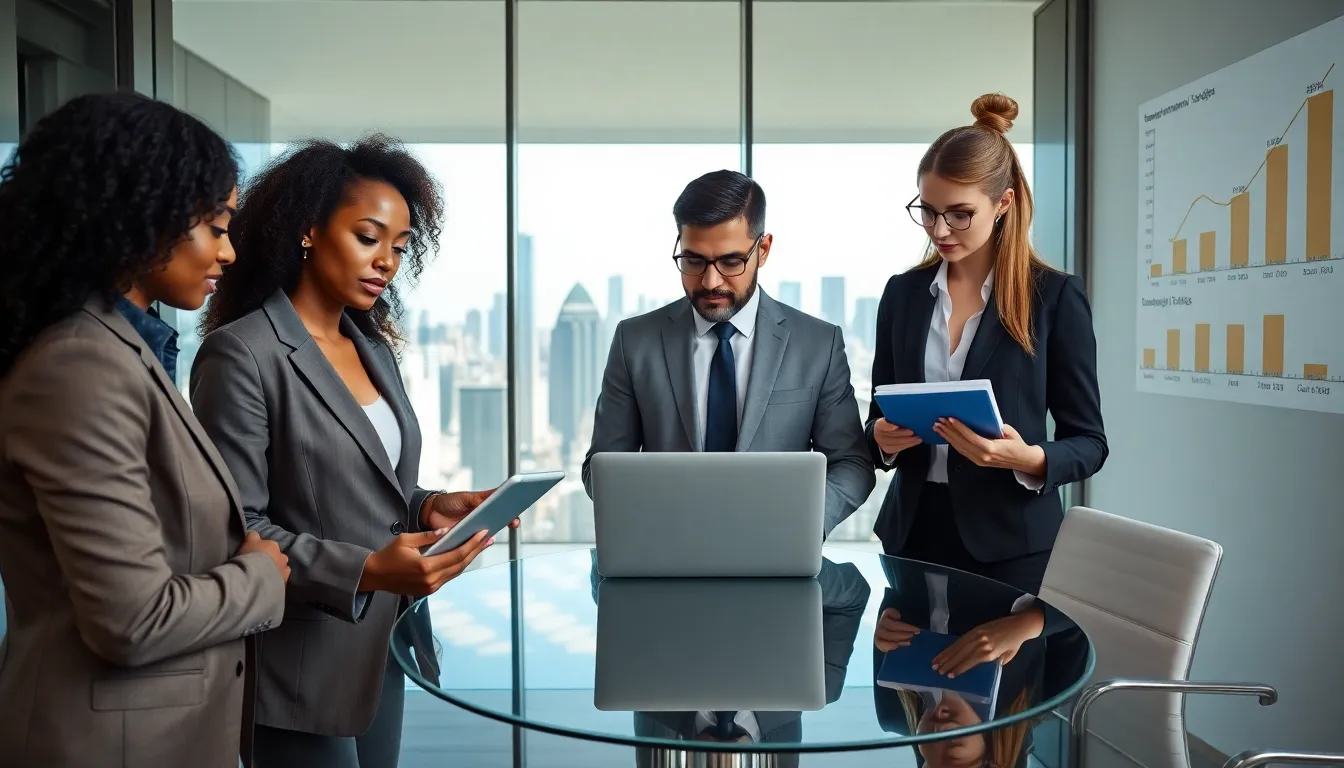 professionals analyzing economic trends in a modern office.
