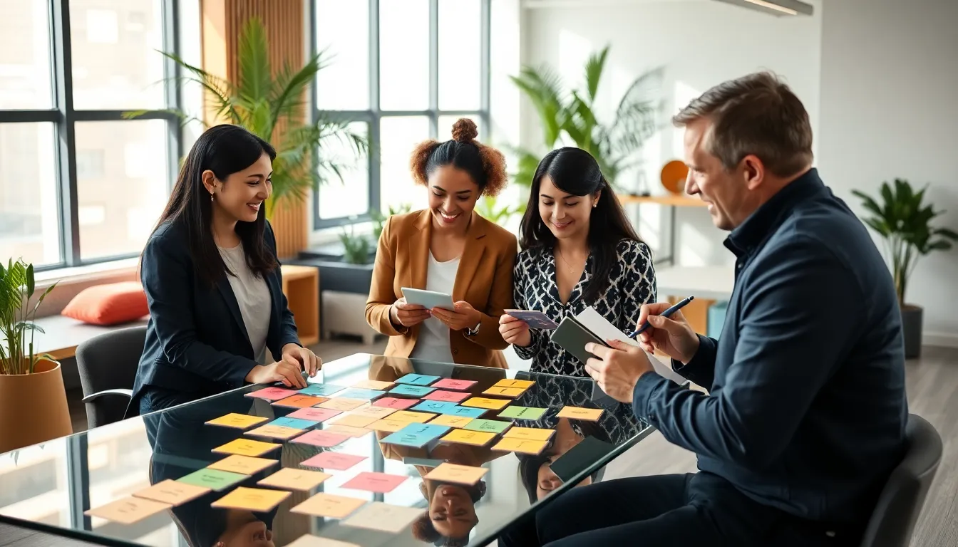 diverse team brainstorming with creative thinking cards in a modern office.