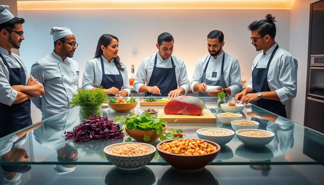 diverse chefs collaborating with emerging food ingredients in a modern kitchen.