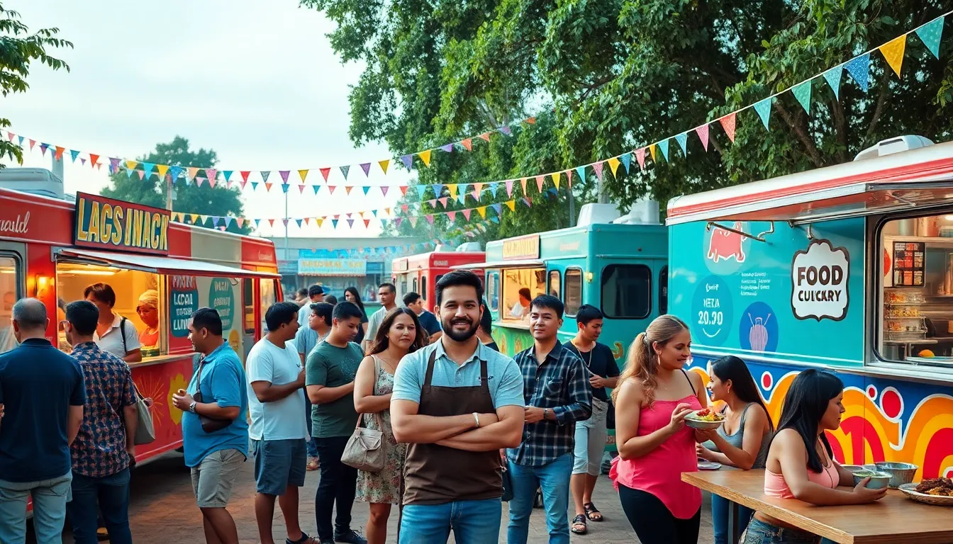 diverse food truck owners serving meals at a vibrant outdoor festival.